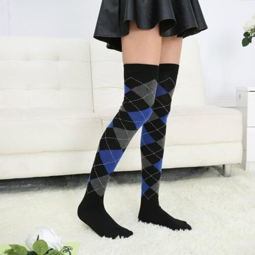 Women Socks Euro-American Style Rhombus Lattice High Elasticity Knee Socks Casual Simple Black Plaid Women Sock for gift