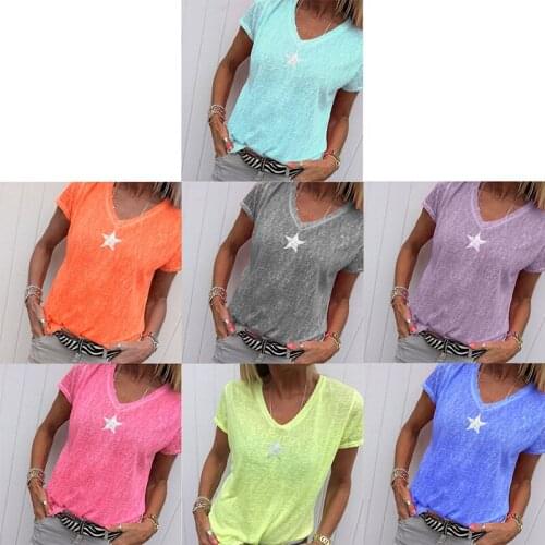 New Fashion T shirt Women Sequins V-Neck Five-pointed star Tops Tees Female Short Sleeve Street Ladies Plus Size Code S-5XL