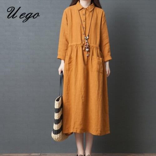 Uego 2021 New Arrival Solid Color Loose Spring Dress Korea Style Fashion Blouse Dress Plus Size Women Autumn Casual Midi Dress