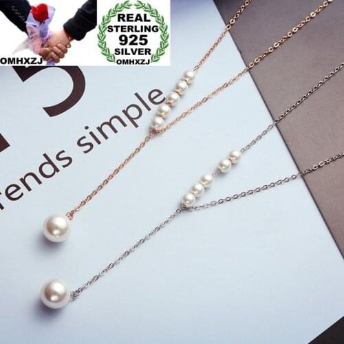 OMHXZJ Wholesale Personality Fashion Woman Girl Party Gift Pearls Long Tassel S925 Sterling Silver 18KT Rose Gold Necklace NC37