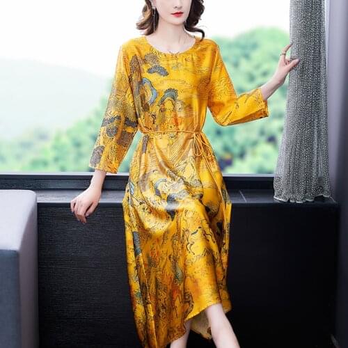 Spring Women Noble Print 4XL Plus Size Casual Dress 2021 Summer Vintage Mulberry Silk Midi Dress Elegant Bodycon Party Vestidos