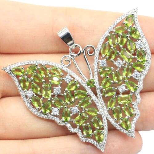 53x46mm Long Big Heavy Butterfly Shape Created Green Peridot CZ Silver Pendant for Women Wholesale Drop Shipping