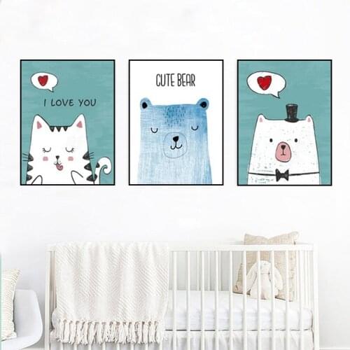 Nordic Art Bears Posters and Prints for Kids Bedroom Cartoon Cat Wall Pictures for Living Room Modern Home Decoration No Frame