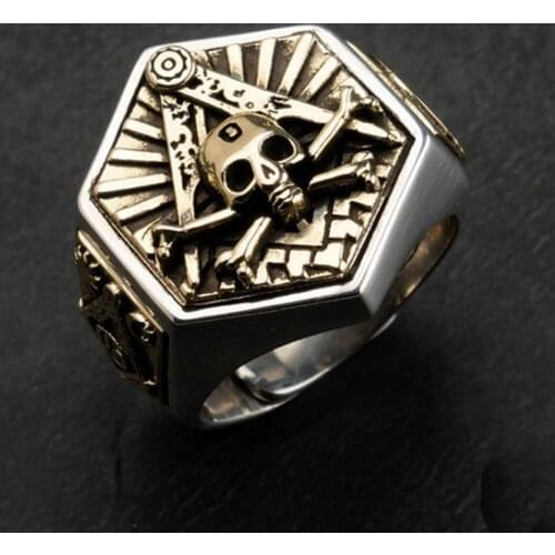 Real 925 Sterling Silver Men`s Skull Symbol Mason Freemasonry Masonic Jewelry Gift A4522