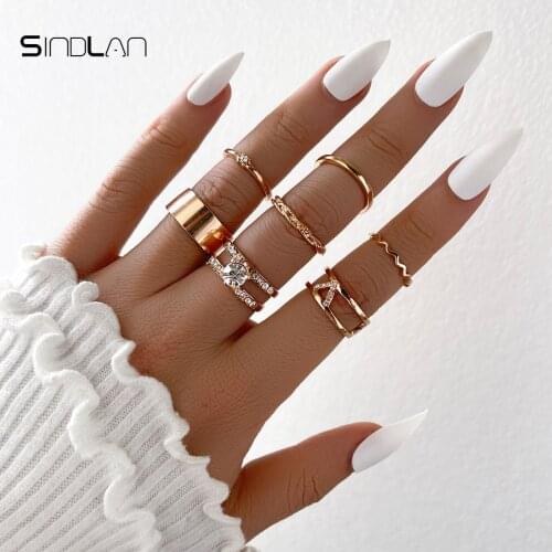 Sindlan 7Pcs Vintage Crystal Gold Rings for Women Boho Aesthetic Wave Geometric Set Female Simple Korean Fashion Jewelry Bauge
