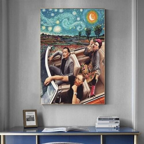 Funny Character Art Blue Starry Van Gogh Driving Posters and Prints Canvas Paintings Wall Art Pictures for Living Room Decor