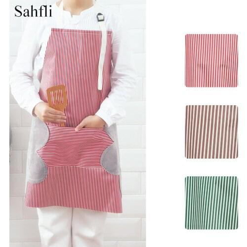 Thick Hand-wipping Sleeveless Aprons with Pocket Simple Strips Pattern Halter Apron Oilproof Waterproof for Household Kitchen