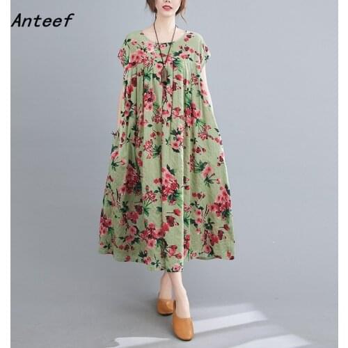 Short sleeve cotton vintage floral dresses for women casual loose long summer dress elegant clothes 2021 sundress