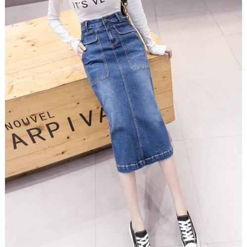 2021 Denim Skirts Women Plus Size S-5XL Blue High Waist Jean Skirt Fashion Big Pockets Stretch Jean Skirt Female Clothing