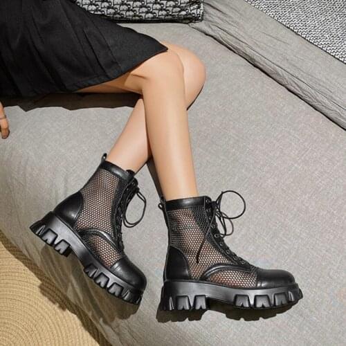 2021 Summer Boots Women Black Ankle Boots Female Thick Bottom Platform Shoes Mesh Breathable Shoes Lace-up Short Martin Booties