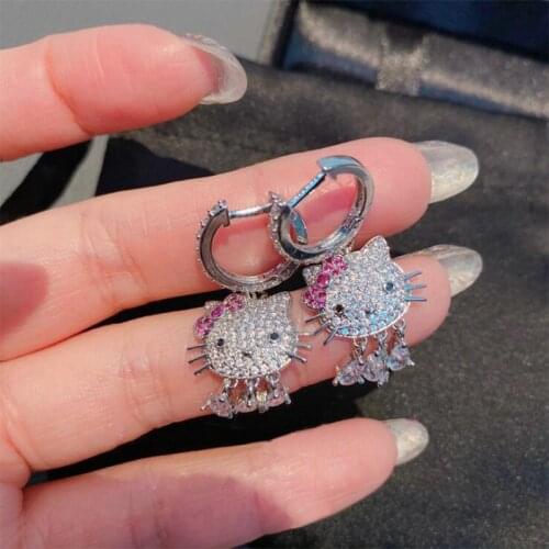 100% 925 Sterling Silver Yellow Gold Color Cute Kitty Cat Earrings Ladder Crystal Earring For Women Wedding Fine Jewelry