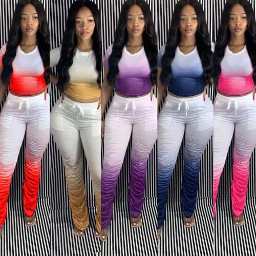 Women Tracksuits Two Pieces Set Short Sleeve Top Long Flared Pants 2 Pieces Set Pleated Sports Suit Print Outdoor Wear