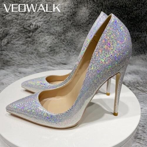 Veowalk Bling Silver Women Luxury Pointed Toe Stiletto Pumps Glitter Wedding Bridal High Heel Shoes 8cm 10cm 12cm Customize