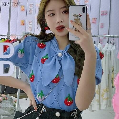 Sweet Women Strawberry Embroidery Knitwear 2021 Spring Summer Fashion Bow collar Hollow Out Thin Sweater Girls Chic Knitted Tops