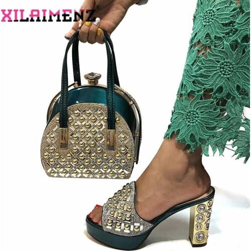 High Quality 2019 Dark Green Summer New Design Matching Slippers and Bag Set In Heels Matching Shoes and Bag Set for Wedding