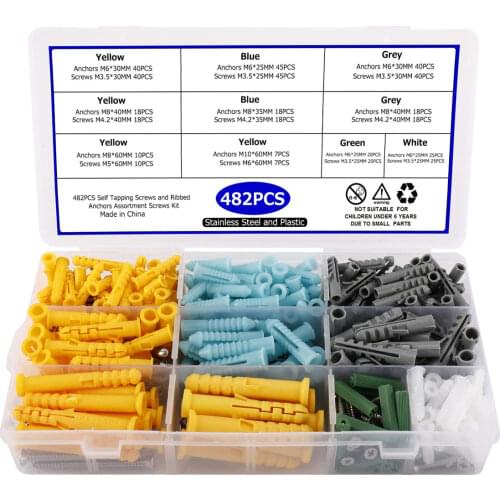 482pcs/set Plastic Expansion Drywall Anchor Screws Self Tapping Screw Kit M3.5 M4.2 M5 M6 Stainless Steel Tube Wall Plugs