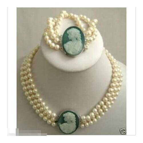Free shipping New style Natural noble jewelry>>>>3 row 7-8mm White Akoya Pearl Cameo Necklace Bracelet