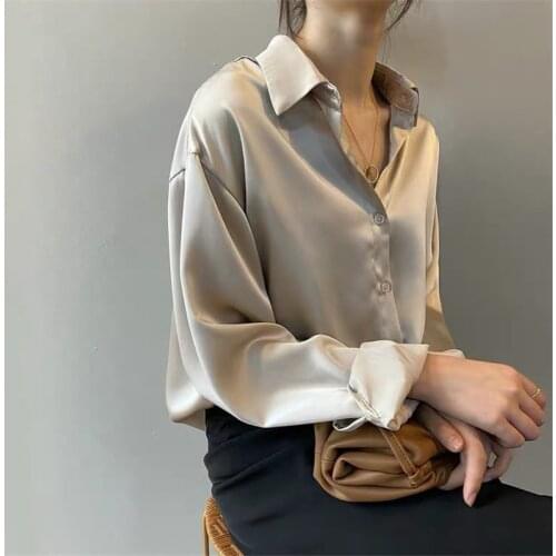 Office Ladies Summer Autumn Silk Shirt Women Creative Solid Long Sleeve Lapel Loose Elegant Blouse Single-breasted Tops