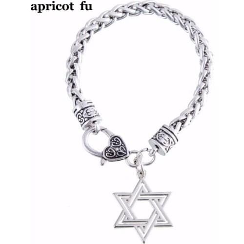 Jewish Jewelry Metal Tibetan Silver Plated David Star Charms Wheat Chain Bracelet