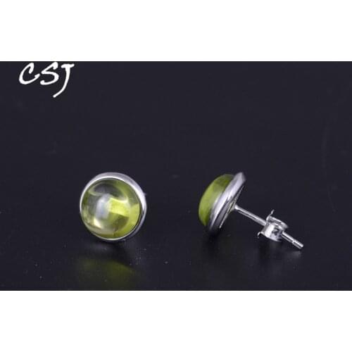 CSJ Natural Peridot Stud Earring Sterling 925 Silver Round 8mm Fine Jewelry for Women Lady Birthday Party Gift Box