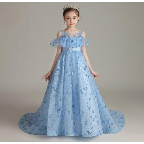 Flower Girl Dresses Princess Lace Bow Sequined Appliques Ball Gown Off The Shoulder Tulle Luxury Embroidery Kid Party Dress D246
