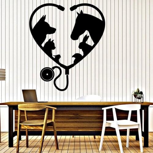 Pet Hospital Wall Decal Animal Friend Pets Veterinary Medicine Interior Decor Love Heart Stethoscope Vinyl Window Stickers 3099