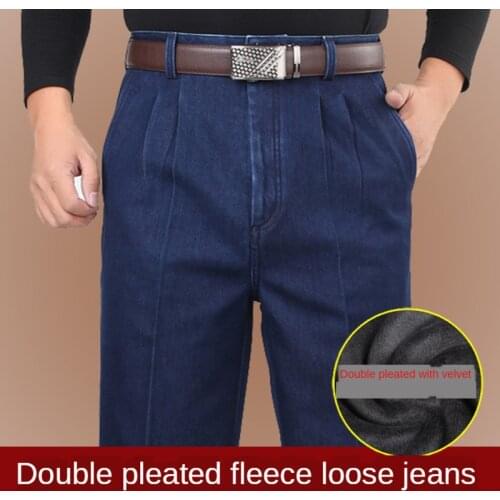 Plus Size 30- 42 44 46 Denim Jeans Men Winter Pant Fleece Warm Classic High Waist Straight Loose Blue Stretch Jeans for Men
