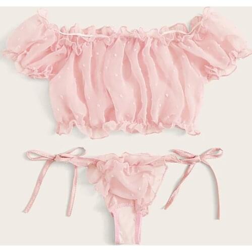 Pleated Mesh Lingerie Set Women Underwear Cute Babydoll Sleepwear Ladies Crop Tops+Briefs Ensemble String Soutien Gorge