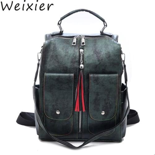 WEIXIER Leather Women Backpack Zipper School Backpacks For Teenage Girls Bag Large Capacity Multifunction Mochila Feminina AL-50