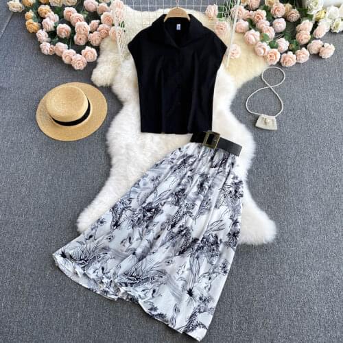 Summer Vintage Office Lady Fashion Two piece set Lapel Sleeveless Shirt and Printted Long Skirt Suits With Belt