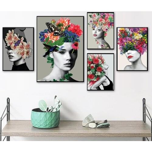 Fashion Girl Wild Flower Butterfly Wall Art Canvas Painting Nordic Posters And Prints Wall Pictures For Living Room Salon Decor