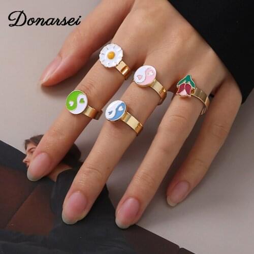 Donarsei Fashion Tai Chi Ying Yang Metal Open Rings For Women Cute Tulip Small Daisy Butterfly Adjustable Finger Ring Party