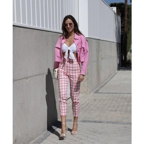 2021 Fashion Pink Plaid casual womens pants high waist chic summer pants straight tube versatile office womens elegant pants