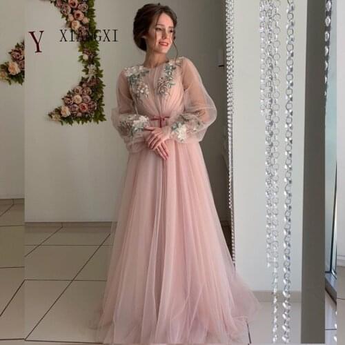 2020 Charming Pink Evening Dresses Tulle A-Line O-neck Full Sleeves Lace Appliques Long Evening Dresses Formal Party Dress