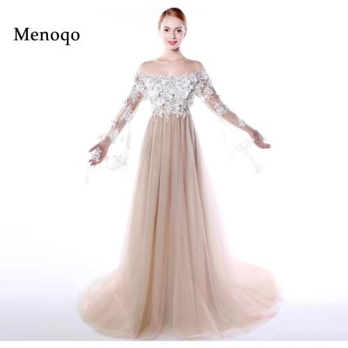 Menoqo Sexy Evening Dress Off the shoulder See Though Long Sleeves Pregnant Women Flowers Empire Evening Dress 2020 Real Picture