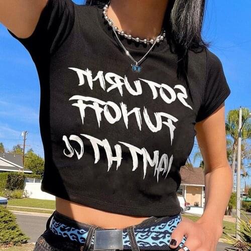SEASONS Y2K Goth Crop Top Short Sleeve T Shirt Women Dark Aesthetic E Girl Tops Summer Fashion Letter Print Black Tees ASTS82998