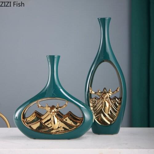 Nordic Ceramic Vase Decorative Deer Head Golden Vase Floral Flower Arrangement Hollow Porcelain Flowers Insert Modern Home Decor