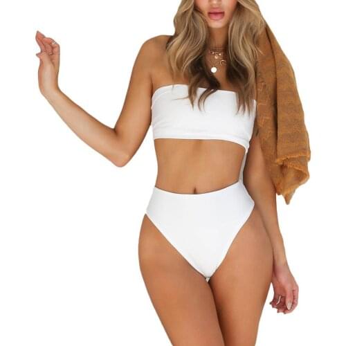 Sexy Women Solid Color Tube Top Bandeau High Waist Panties Set Bikini Swimwear comfortable to wear for Summer Beach