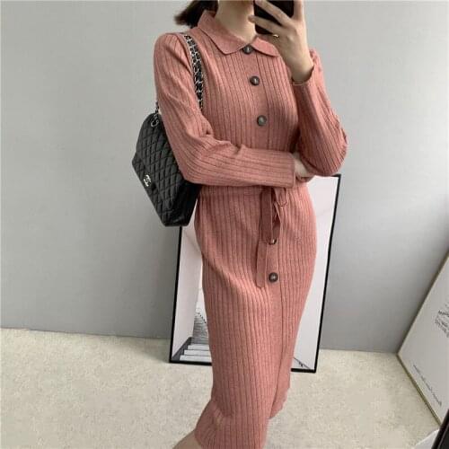 Long Sleeve Sweater Dress Women New Autumn and Winter Slim Lapel Knit Mid-long Dress Female Single-breasted Dresses NS1380