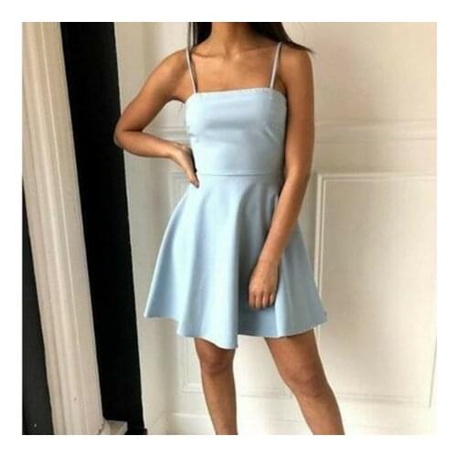 Sexy A-Line Short Light Blue Homecoming Dresses with Pockets Halter Satin Knee Length Graduation Dresses for Juniors