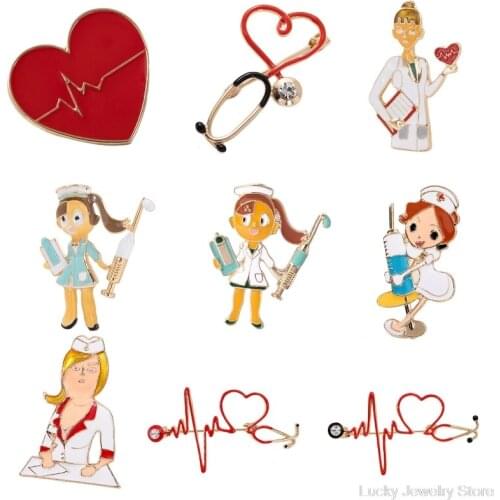 Creative Enamel Love Heart Stethoscope Brooch Cartoon Doctor Nurse ECG Metal Alloy Jewelry Micro Badge Lapel Pin Gift M10 21