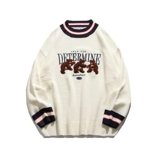 Street hip hop Harajuku casual couple Pullover bear patchwork stripe knitted pullover sweater sweater mens Fashion Top