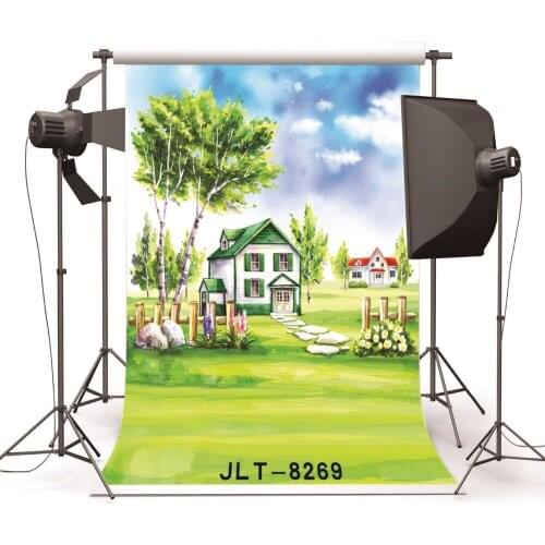 House Tree Grassland Paintings Vinyl Backdrops Computer Printed Photography Studio Backgrounds for Photo Shot