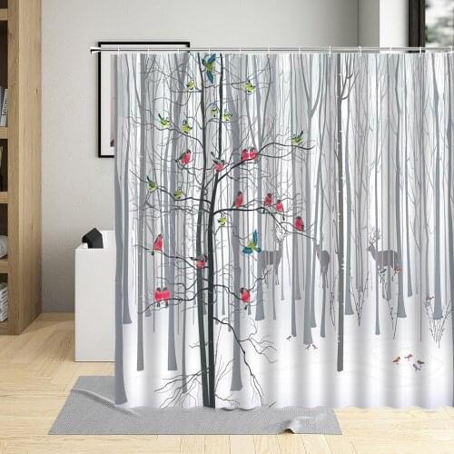 Winter Forest Shower Curtain landscape Snowbird Elk Trunk Scenery Bathroom Decor Polyester Cloth Hanging Curtain ​Set With Hooks
