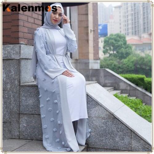 KALENMOS Dubai Muslim Abaya Hijab Dress Women apliqques Kimono Caftan Lace-up Jubah Islamic Clothing Musulman Marocain Long Robe