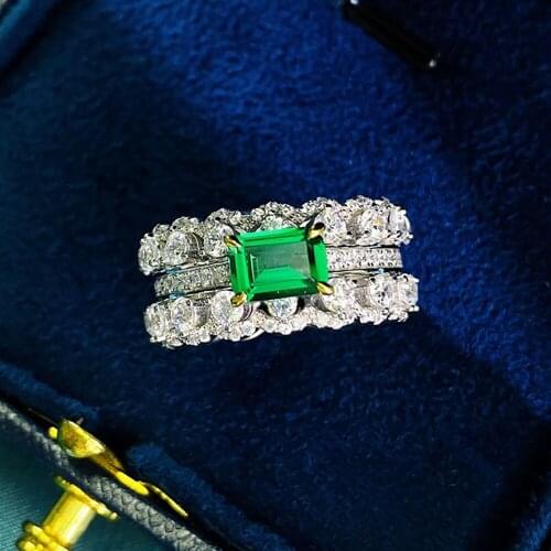 Luxury 5*7mm Emerald Big Ring 100% 925 Sterling Silver Lab Diamond Cocktail Party Rings For Ladies Anniversary Gift Fine Jewelry