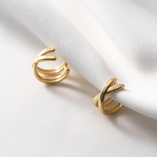 1 Pair Genuine 925 Sterling Silver INS Irregular Cross Double Layer Ear Clip Without Pierced Ear Bone Cuff Christmas Gift