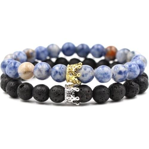 8mm 2PCS/Set ht2 elastic adjusted nature black stone volcanic lava bead micro pave cz zircon cubic zirconia Crown Bracelet