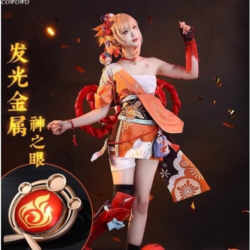 Anime! Genshin Impact Yoimiya Frolicking Flames Elegant Kimono Uniform Cosplay Costume Halloween Party Role Play Suit Women NEW
