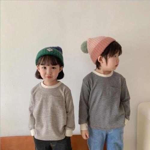 2021 new arrival girls boys striped autumn full sleeve casual cotton kids t-shirt